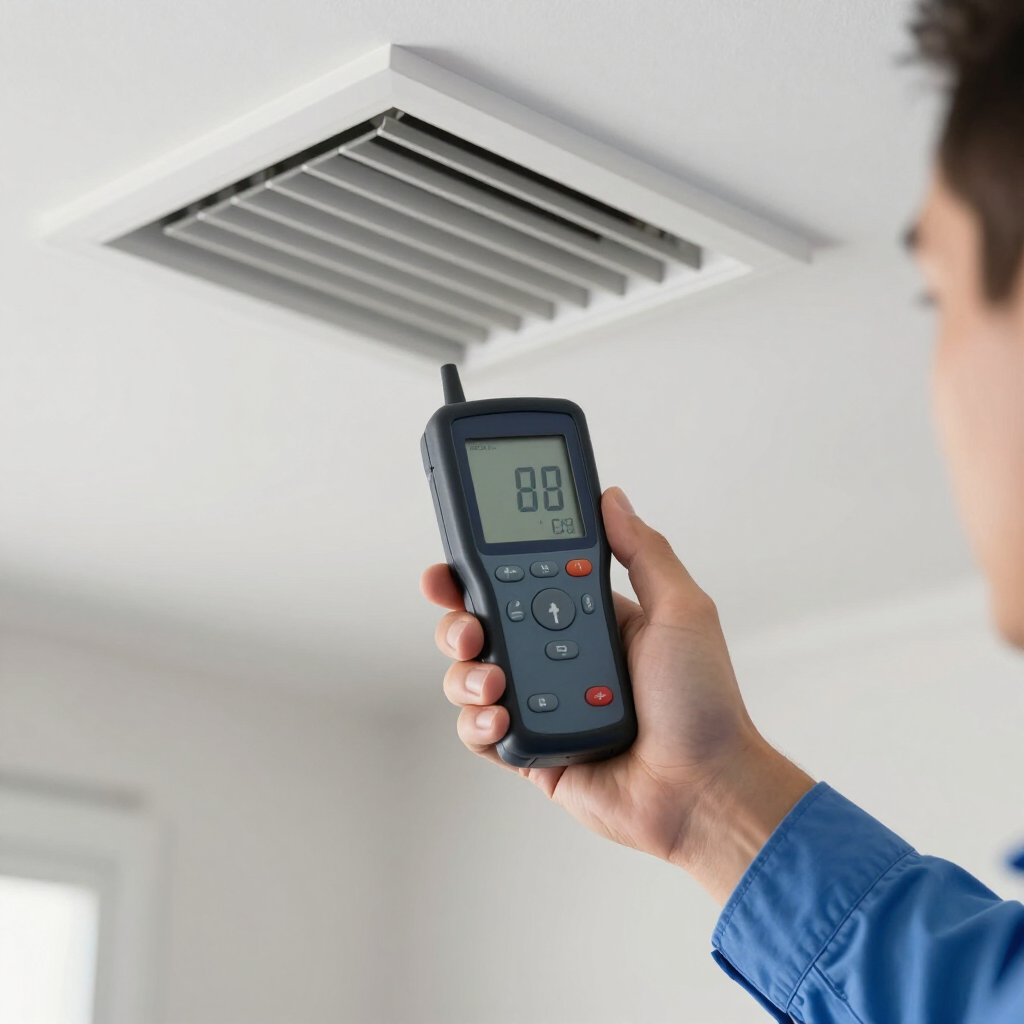 Technician measuring air velocity at a residential ceiling supply vent using a digital meter