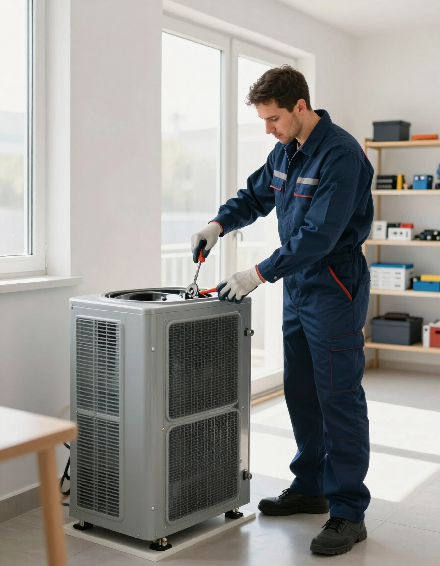 Technician servicing a large metal HVAC unit in a bright room