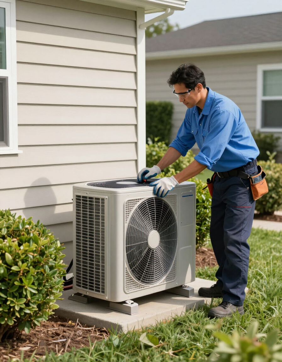 Technician in blue shirt inspecting an outdoor air conditioner beside a house