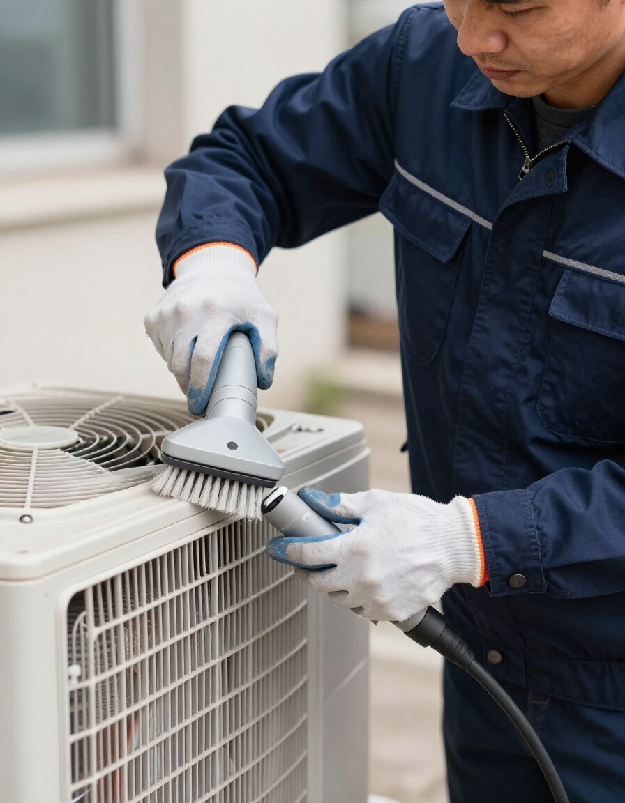 Technician cleaning an outdoor air conditioner unit with a brush and hose