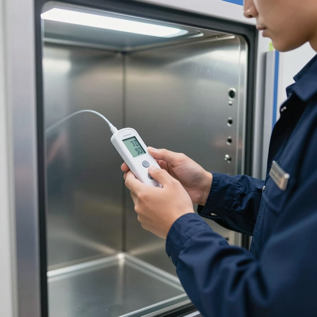 Technician using a handheld thermometer to check the temperature inside a stainless steel refrigerator.