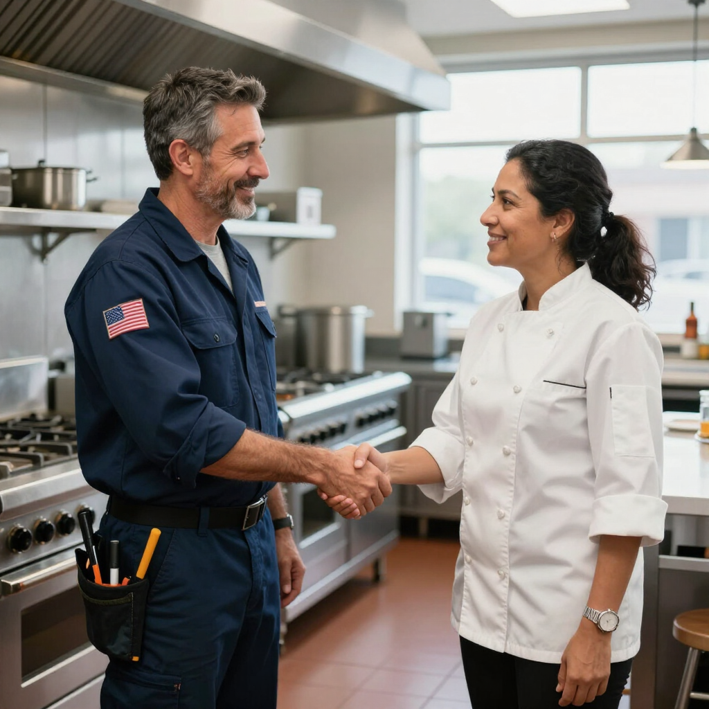 Two kitchen staff in uniforms shaking hands in a bright commercial kitchen