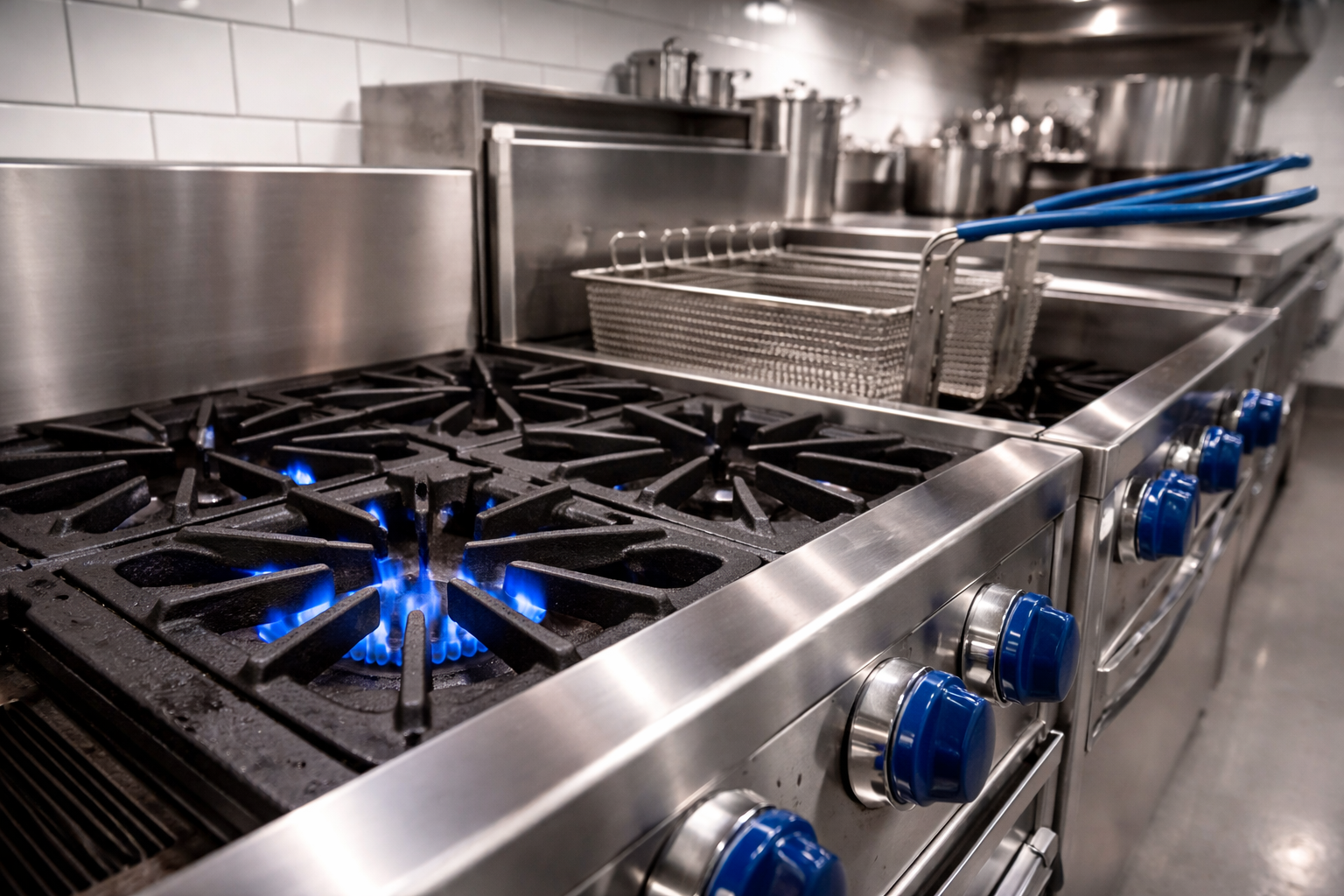 Stainless steel commercial kitchen range with blue flames and blue control knobs, side by side with a grill