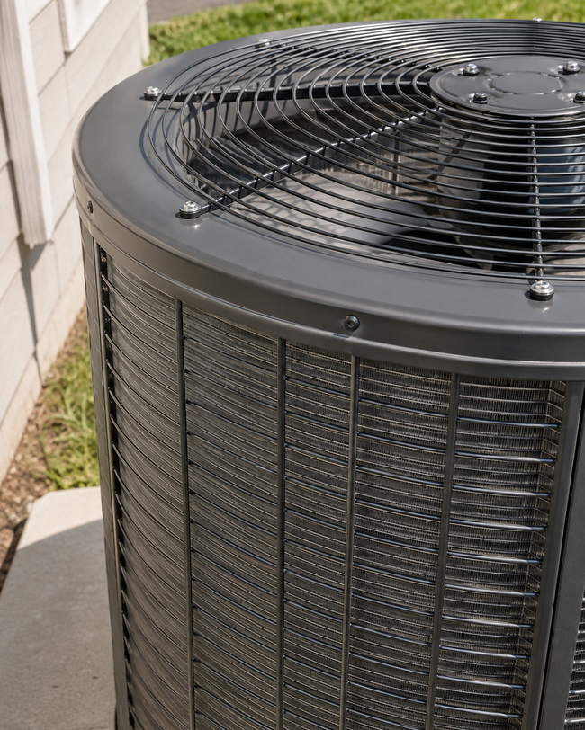 Black outdoor air conditioner unit beside a house wall and concrete path.