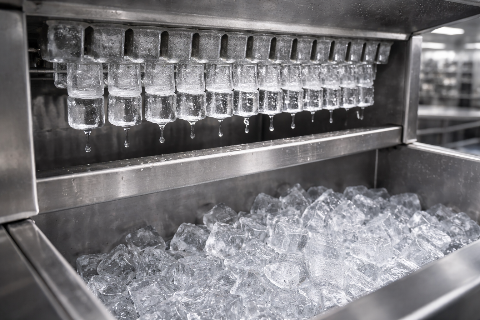 Ice machine dispensing cubes into a metal bin.