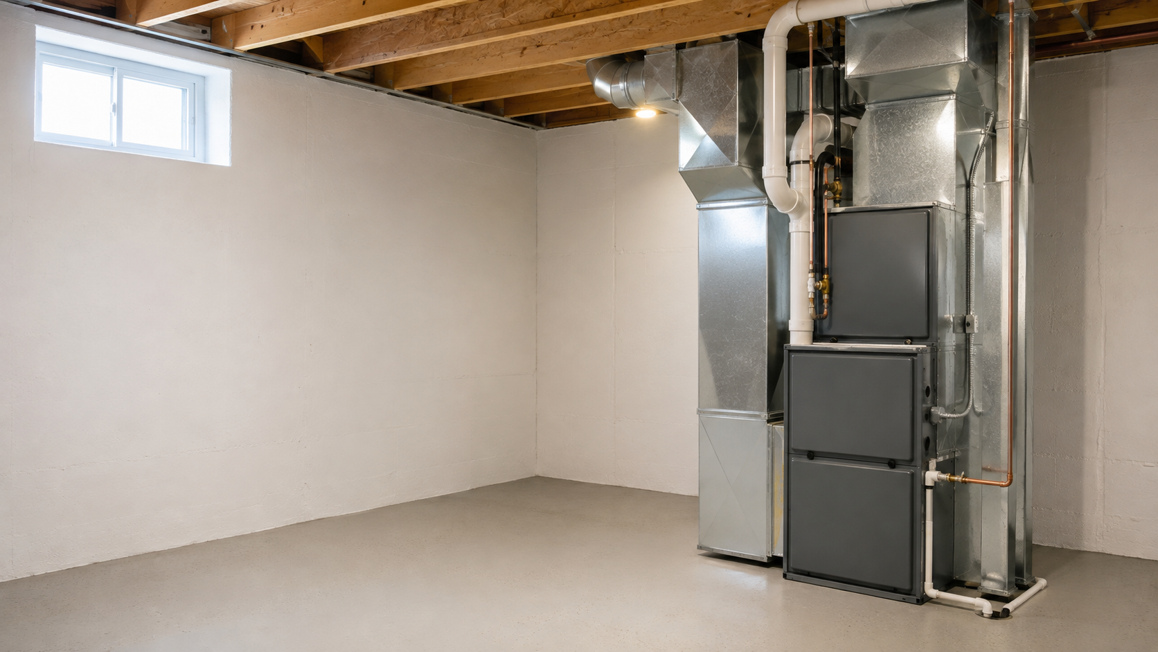 Empty basement with exposed beams, furnace, ductwork, and a small window.