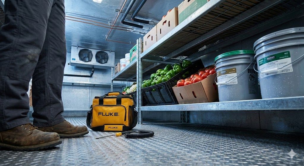 Worker’s boots beside a yellow tool on a metal truck floor with shelves of supplies in a work van