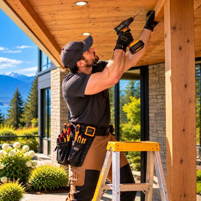 A handyman installing vinyl siding on a building 