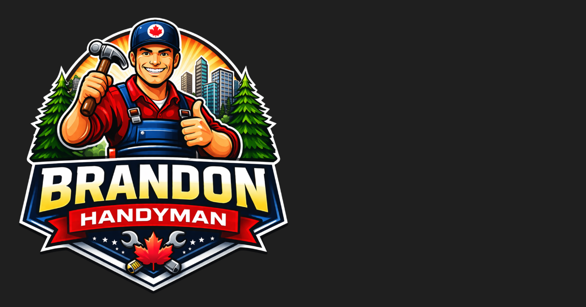 Brandon Handyman logo featuring a handyman. He is depicted holding a tool in a shield-shaped emblem.