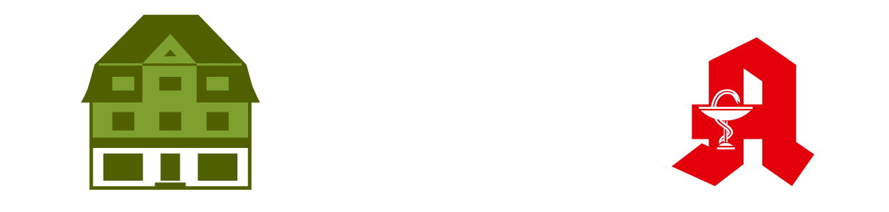 Ein grünes Haus und ein rotes Apothekenlogo auf weißem Hintergrund