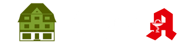 Ein grünes Haus und ein rotes Apothekenlogo auf weißem Hintergrund