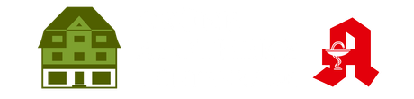 Ein grünes Haus und ein rotes Apothekenlogo auf weißem Hintergrund