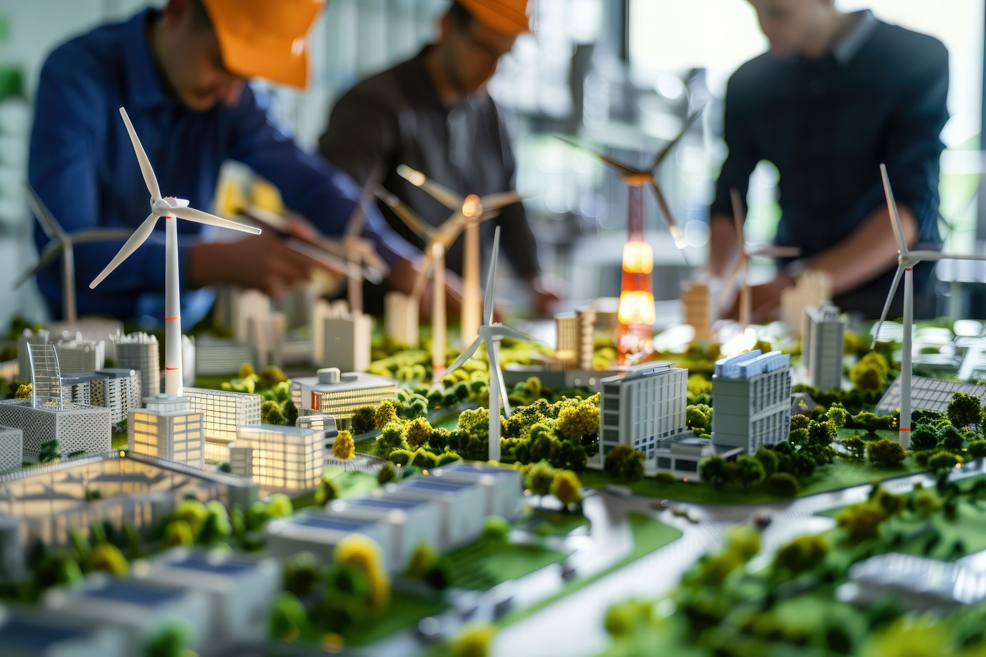 A group of men are working on a model of a city with wind turbines.