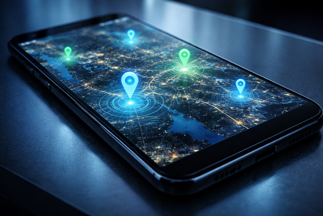 A smartphone resting on a dark surface, displaying a digital night map with glowing location pins and radar rings.