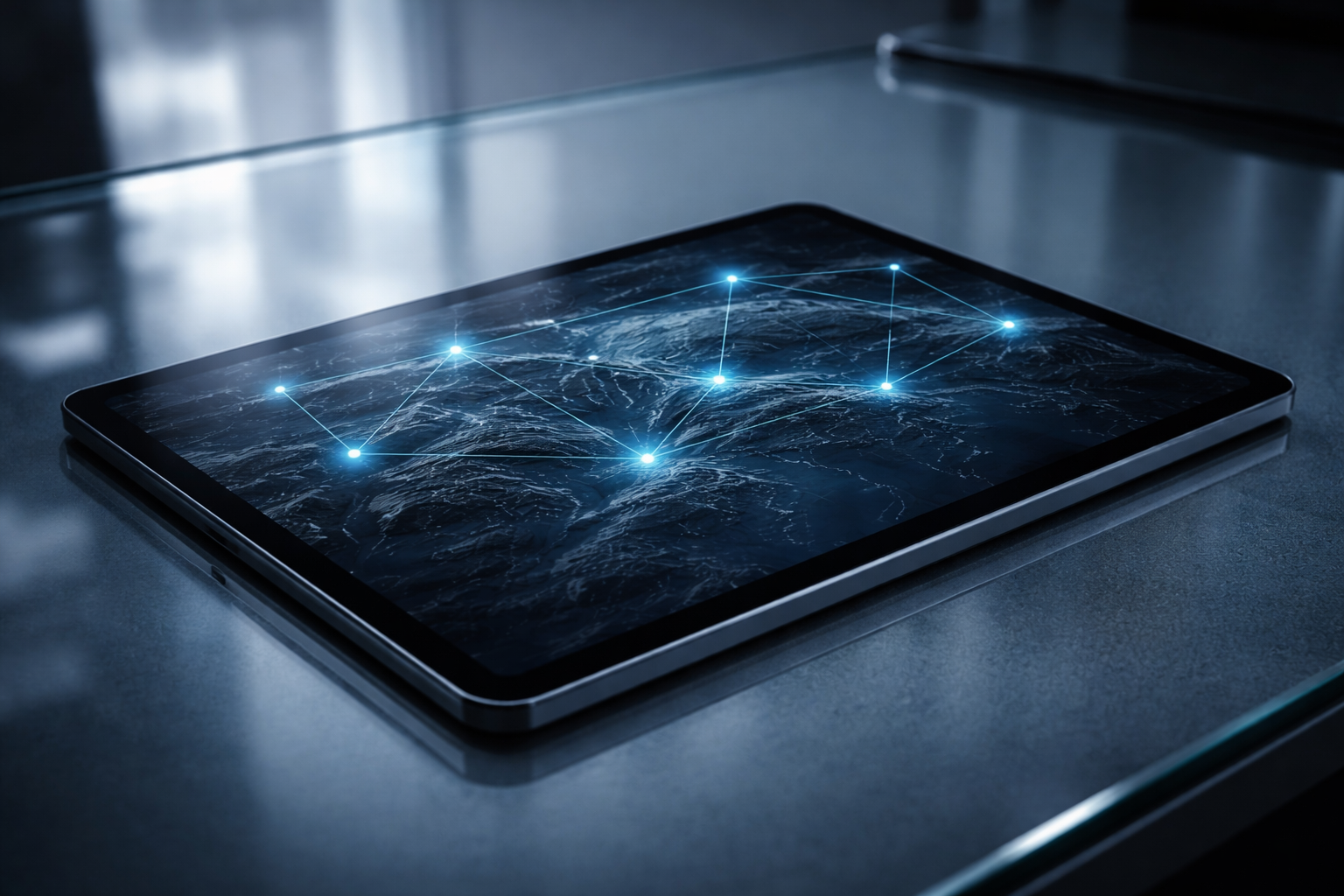 A tablet screen showing a glowing, dark blue network connection map, placed on a metallic surface in a dimly lit room.