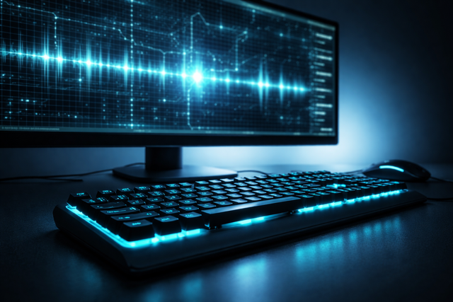 A computer monitor displays a blue glowing digital waveform graph, paired with a matching backlit mechanical keyboard.