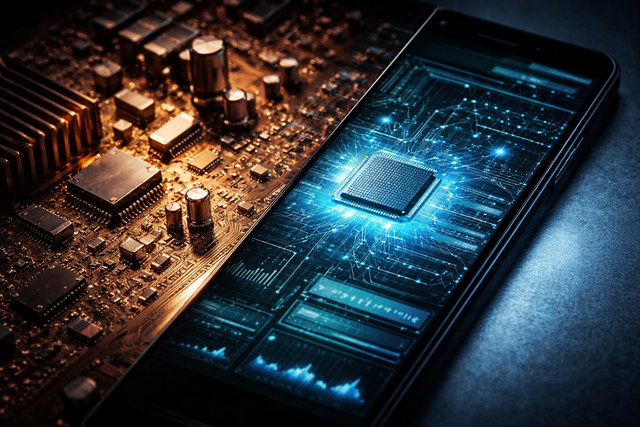 A glowing digital processor chip on a smartphone screen, resting next to a physical circuit board.