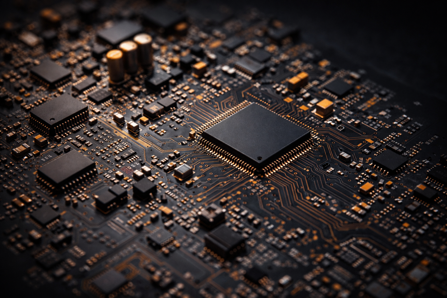 A close-up view of a dark computer circuit board featuring a central processor surrounded by various microchips.