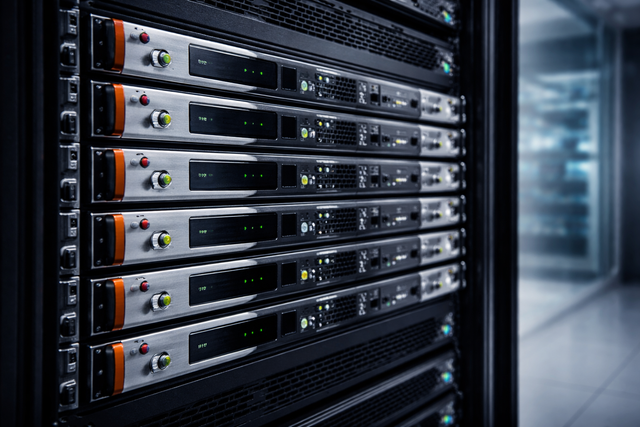 A rack of several stacked, silver-faced computer servers in a modern, dimly lit data center.