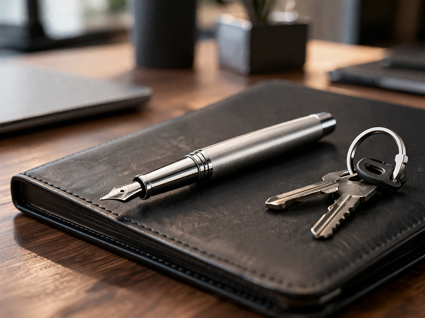 A silver fountain pen and a set of keys resting on a black leather journal atop a wooden desk.