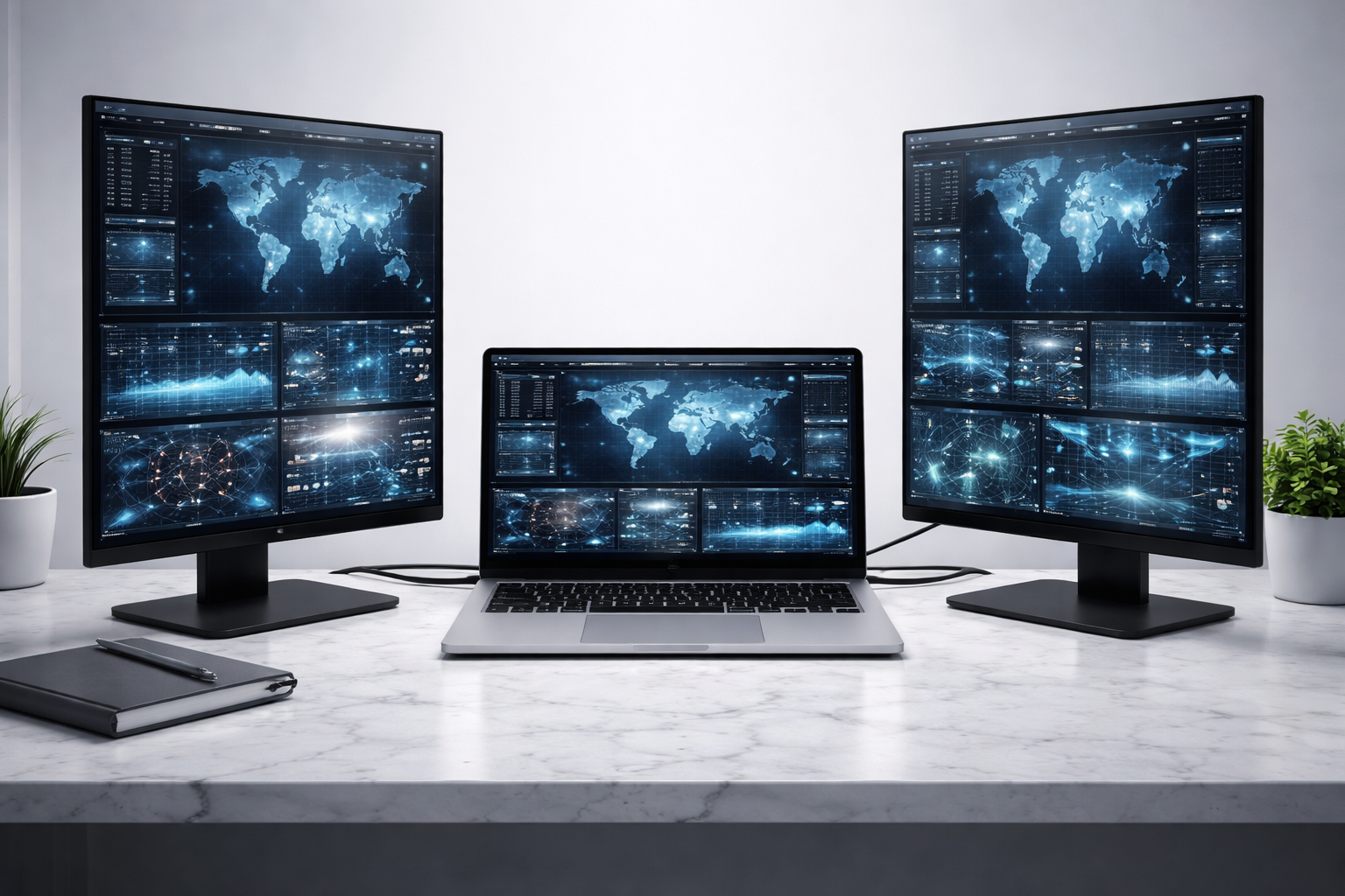 A laptop flanked by two monitors displaying data visualizations on a marble desk in a bright office space.