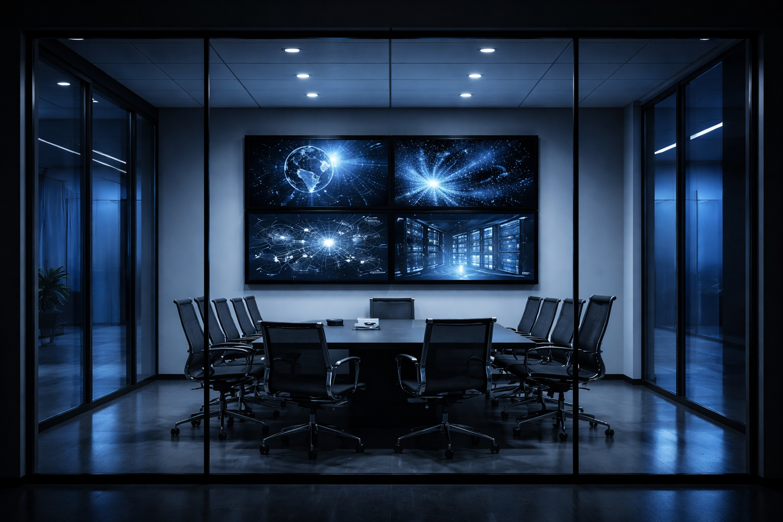 A modern, dimly lit conference room with a large table, chairs, and four screens displaying blue data visualizations.