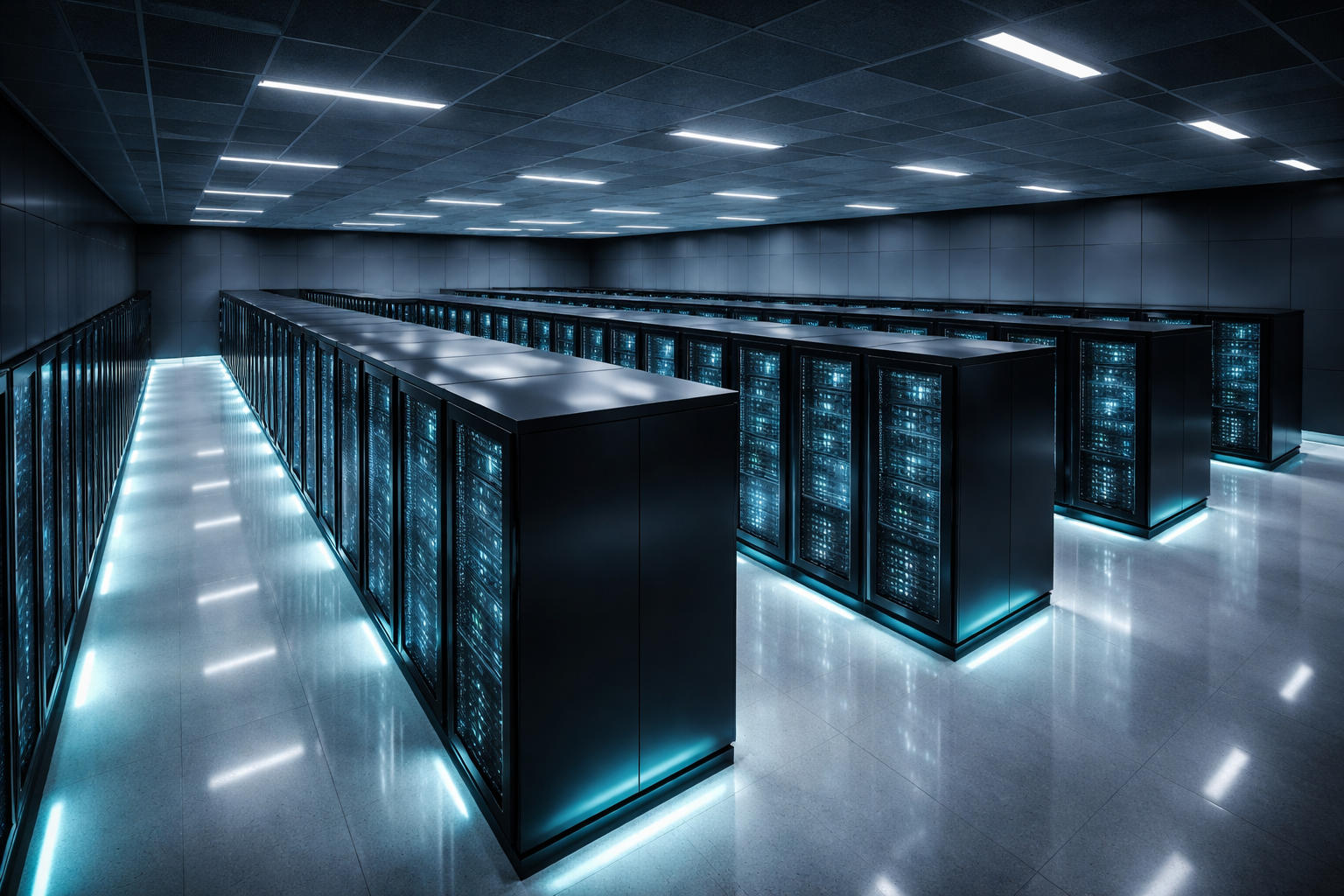 A long, dark data center room with rows of server cabinets glowing with blue lights and under-cabinet lighting.