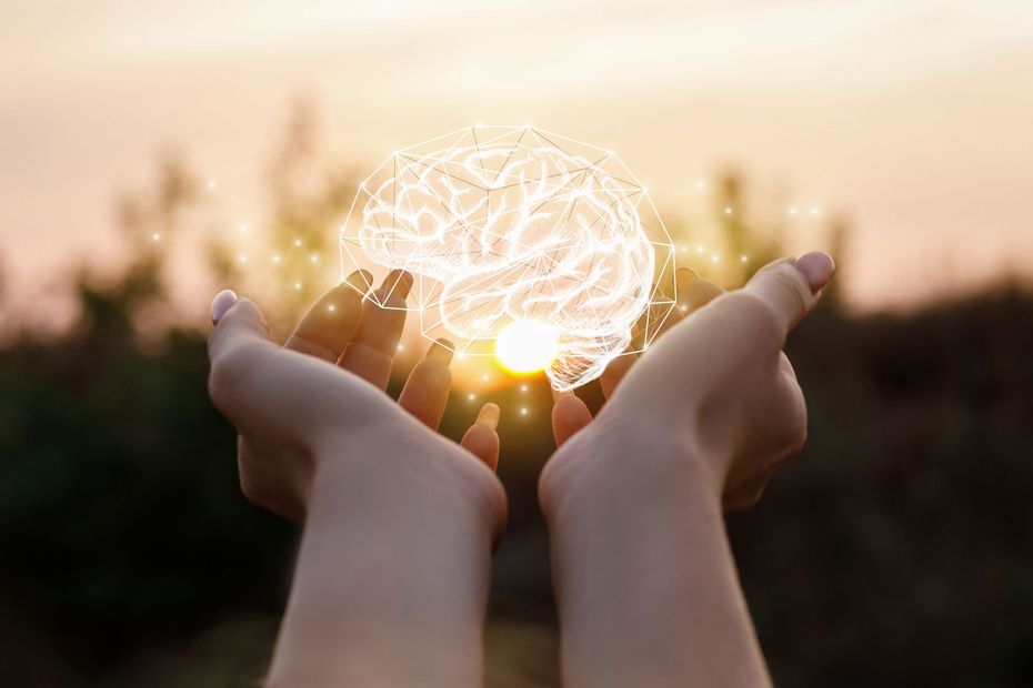 Mãos segurando uma luz brilhante em formato de cérebro ao pôr do sol