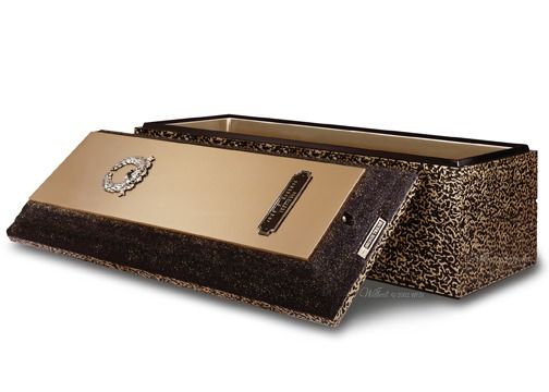 Bronze cremation urn with partially open lid, featuring decorative details and a floral emblem.