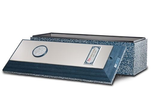 Opened blue and silver burial vault.