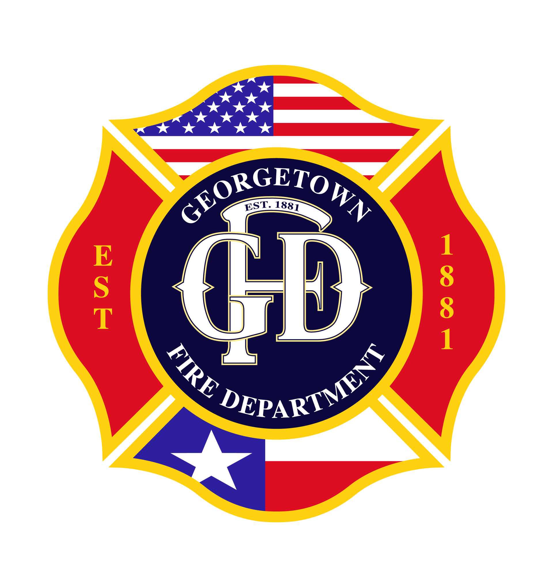A logo for the Georgetown fire department with an American flag in the background