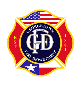 A logo for the Georgetown fire department with an American flag in the background