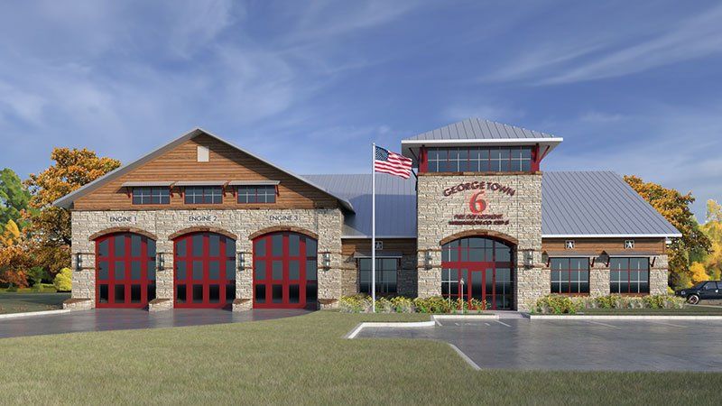 An artist 's impression of a fire station with the number 6 on it