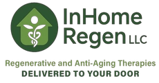 InHome Regen LLC logo with green leaf and caduceus, “Regenerative and Anti-Aging Therapies Delivered to Your Door”