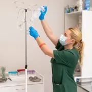 Nurse adjusting an IV stand in a clinical room, wearing blue gloves and a mask.