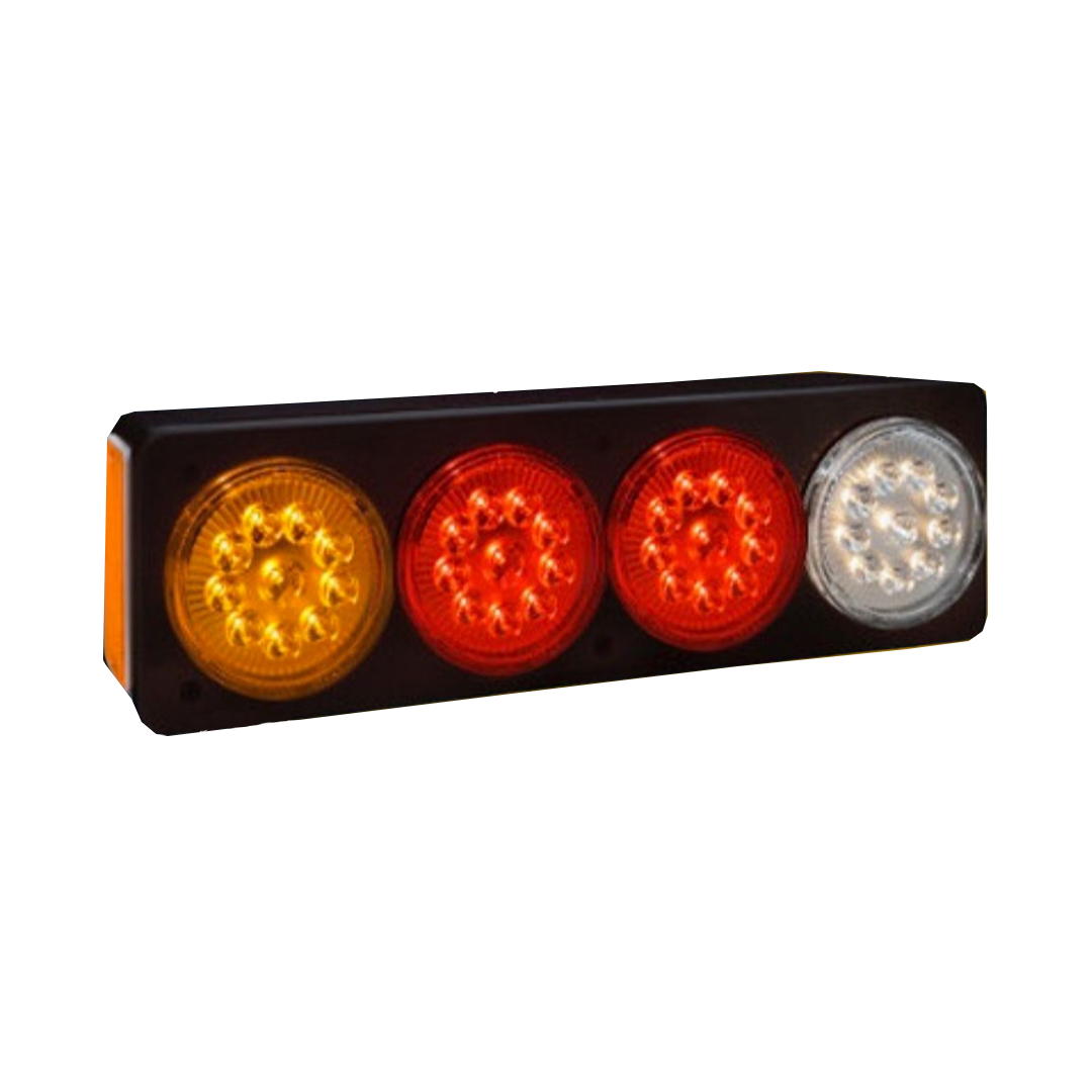 Conjunto de luces traseras LED con luces ámbar, roja y blanca en una carcasa negra.