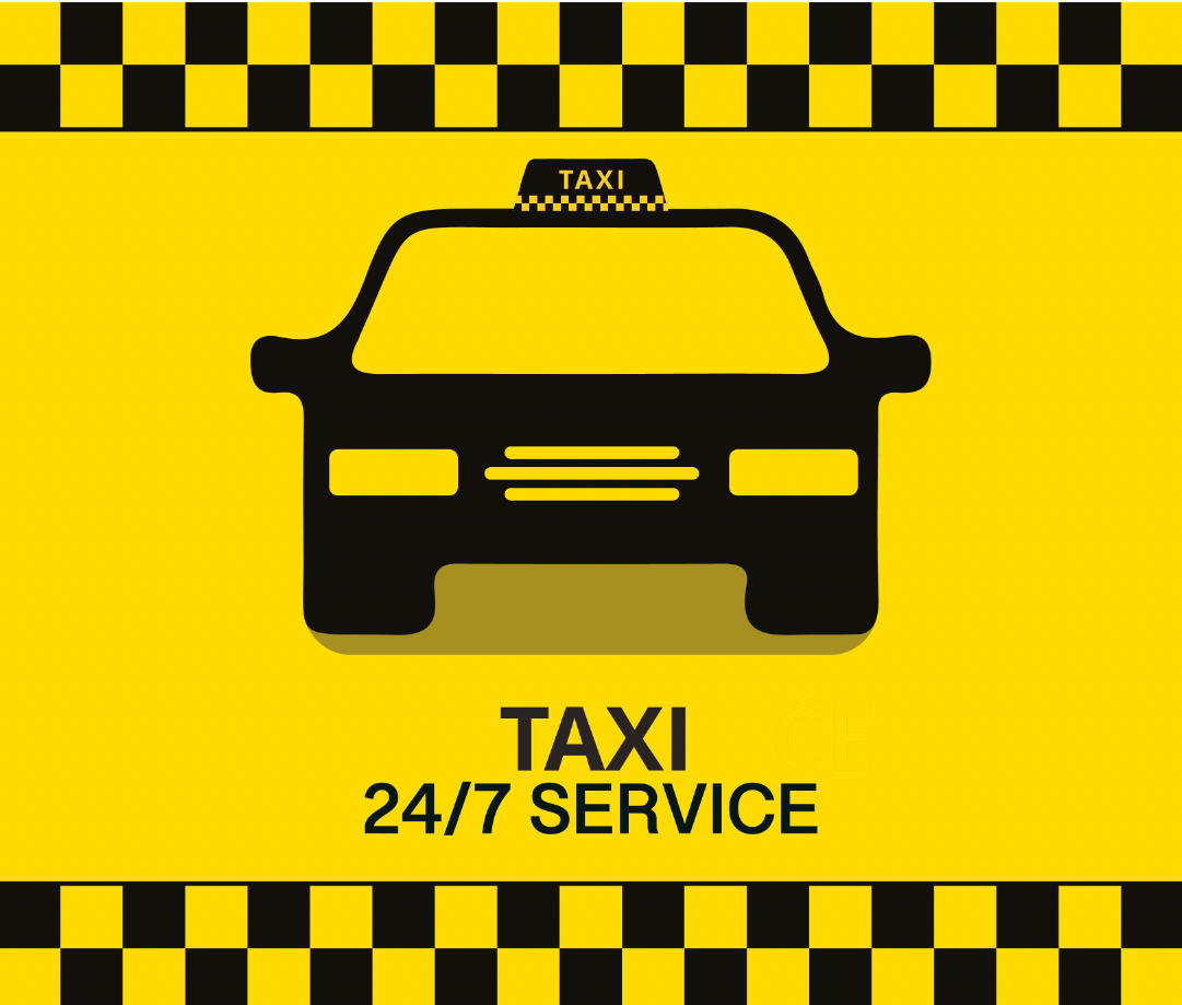 Een taxi staat op een geel-zwart geblokte achtergrond.