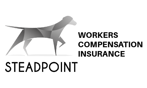 Steadpoint Workers Compensation Insurance logo with stylized dog silhouette in black and gray.