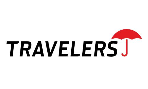 Travelers logo with black text and a red umbrella icon