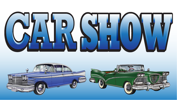 Car Show banner with blue text, and classic cars in blue and green on a gradient blue background.