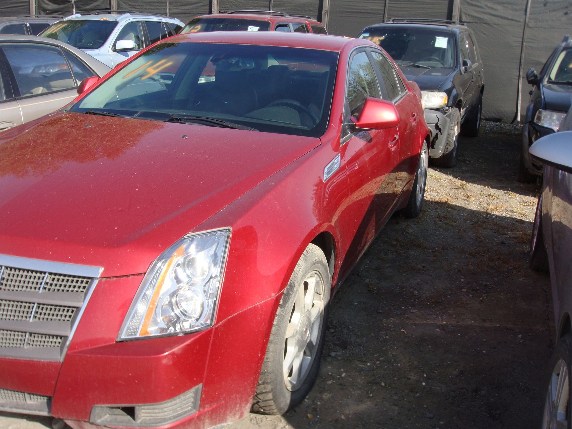 Red car parked in a lot between other vehicles, viewed from the front-left side