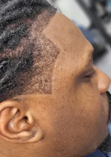 Close-up side profile of a man with braided hair and a trimmed beard, facing right
