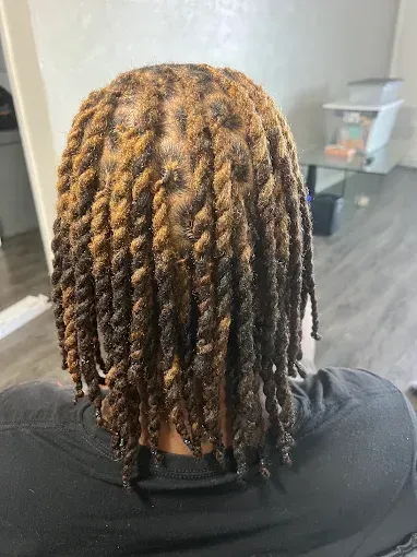 Back view of a person with short twisted braids, seated indoors in a salon chair.