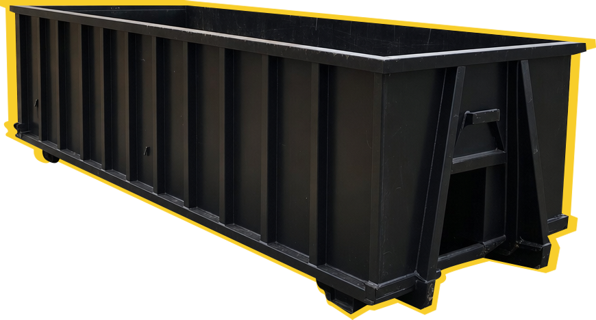 Black dumpster container with yellow trim and graffiti-style logos on the side.