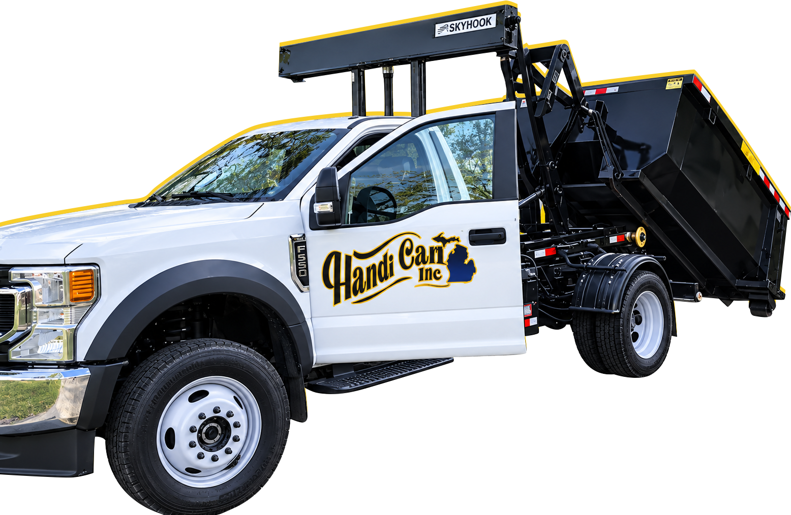 Tow truck with white cab and black flatbed, side view, isolated on white background