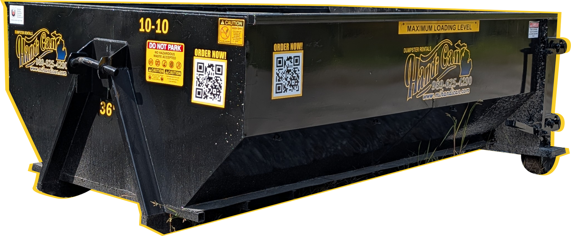 Black JCB construction dumpster bin with yellow trim, shown on a white background