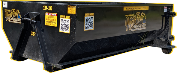 Black metal construction dumpster with yellow trim and warning labels on a white background