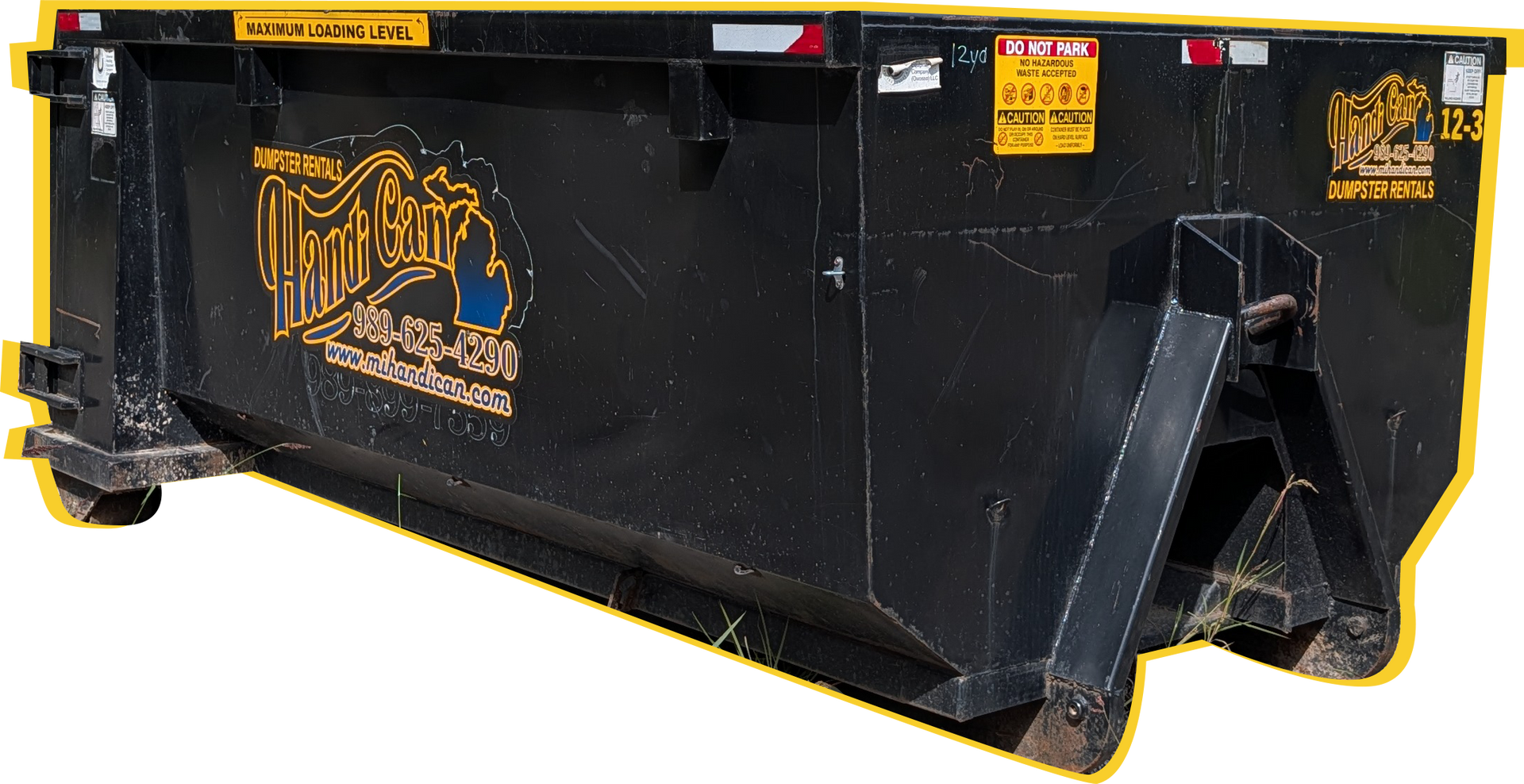 Black construction dumpster with yellow trim and logos, marked 125, on a white background