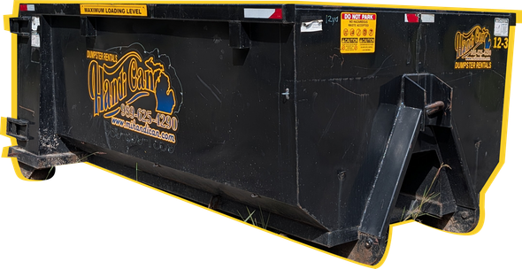 Black 125-yard dumpster with yellow trim and construction company logo on white background