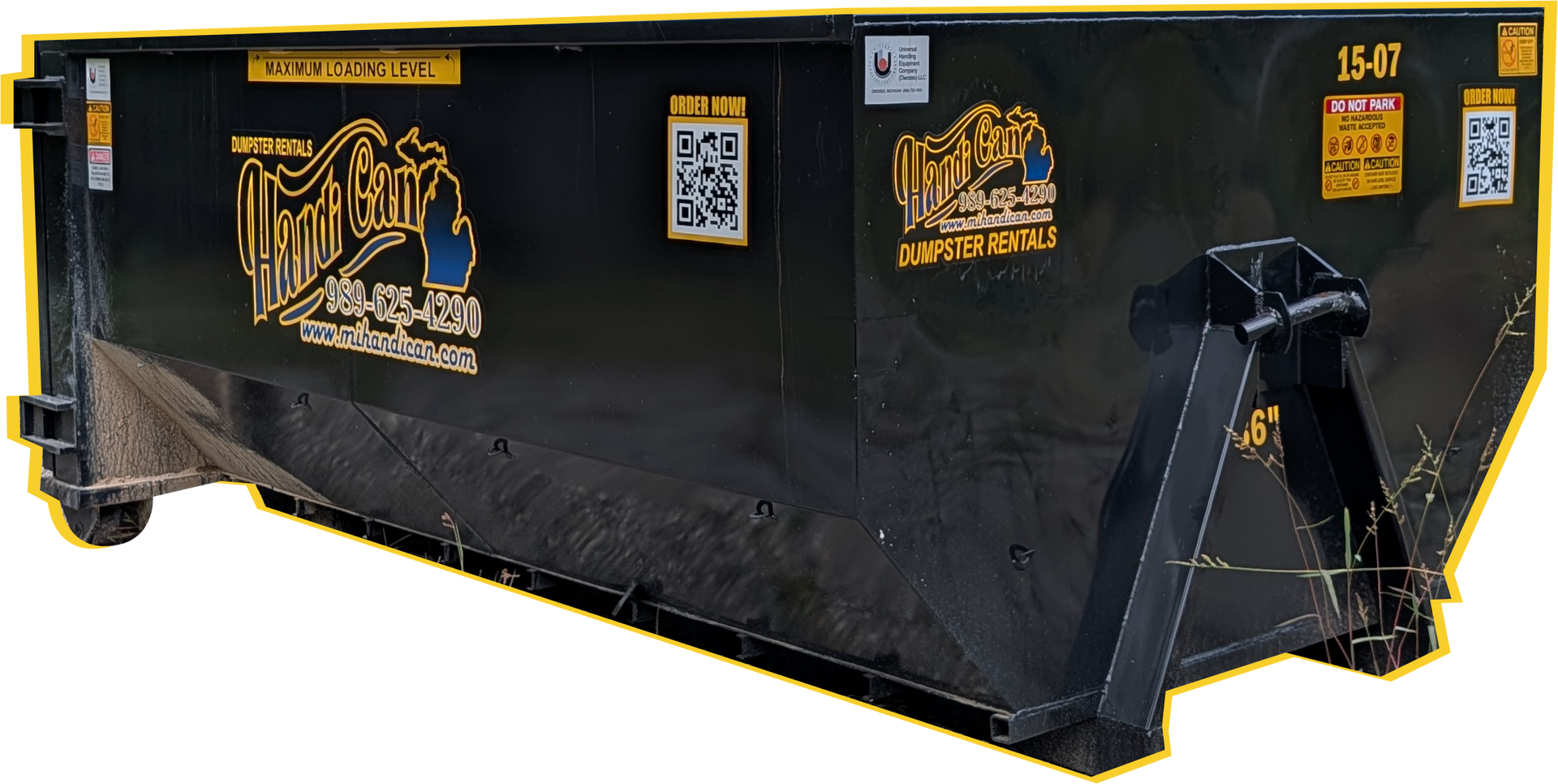 Black industrial dumpster with yellow logos and white recycling symbols on a white background
